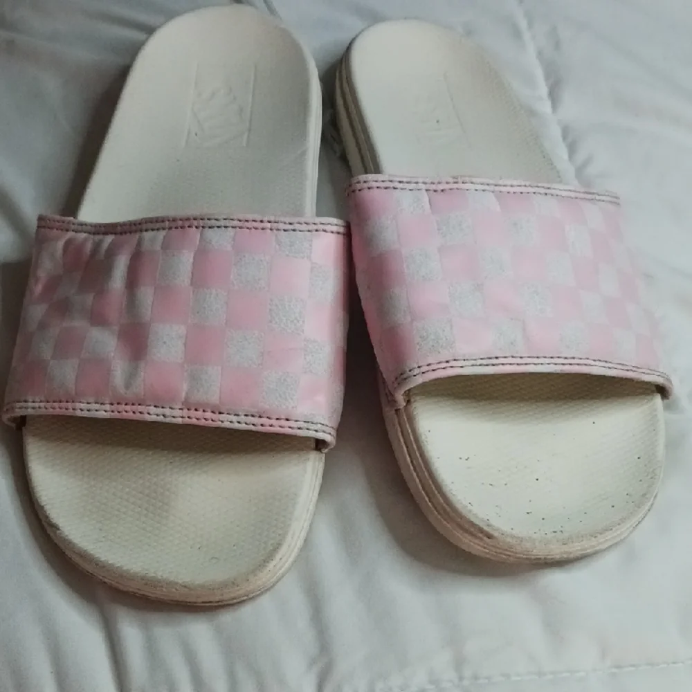 Vans Pink and White Checkered Slides